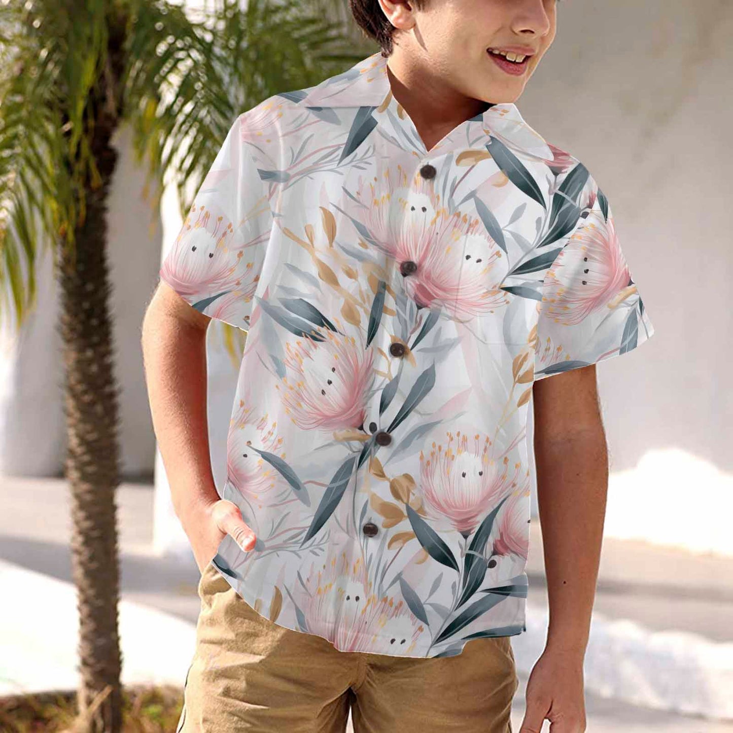 Australian Floral Pink & Grey  Little Boys Hawaiian Shirt