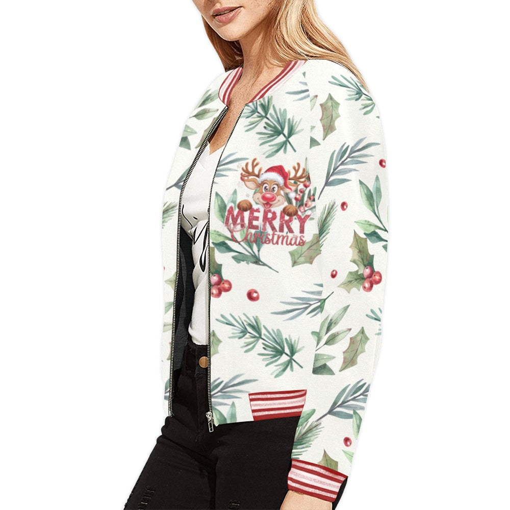 Christmas Poinsettia Pattern Bomber Jacket for Women