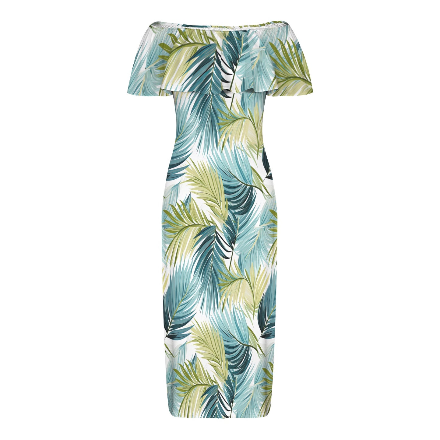 Palm Leaves Blue Green Women's Off Shoulder Ruffle Boat Neck Dress (Model D71)