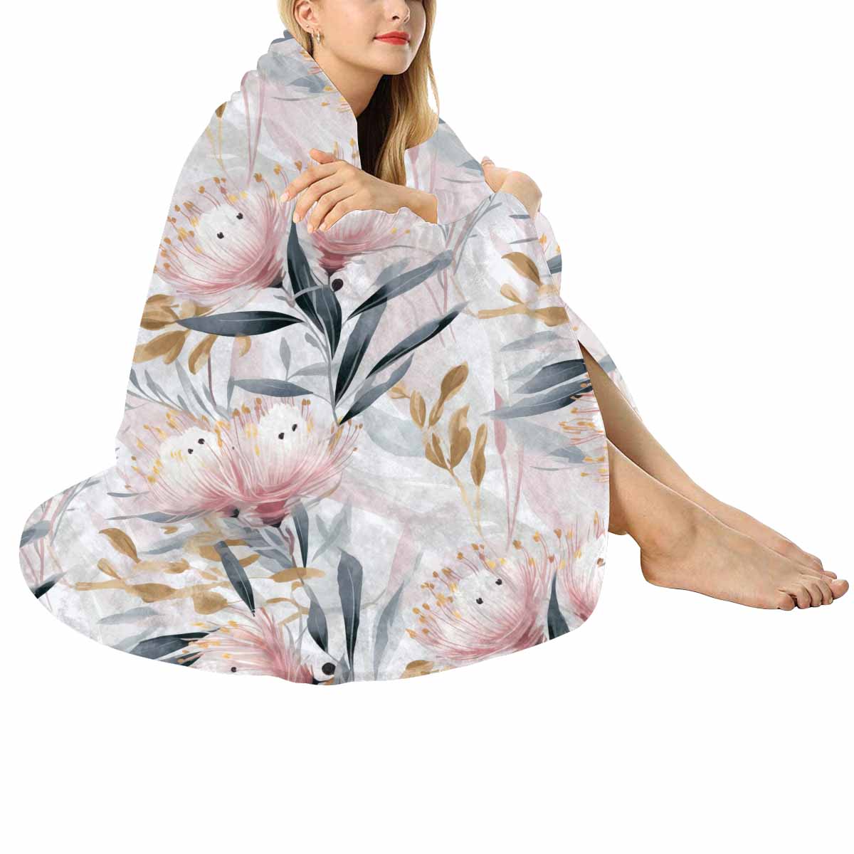 Australian Floral Pink & Grey  Circular Micro Fleece Blanket 47"