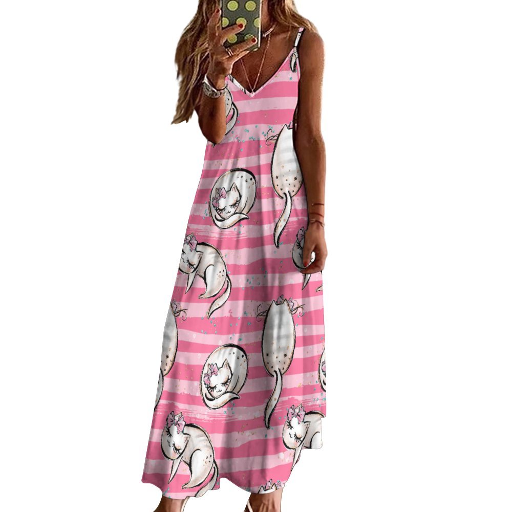 Cats Pink Spaghetti Strap Ankle-Length Dress Long dress