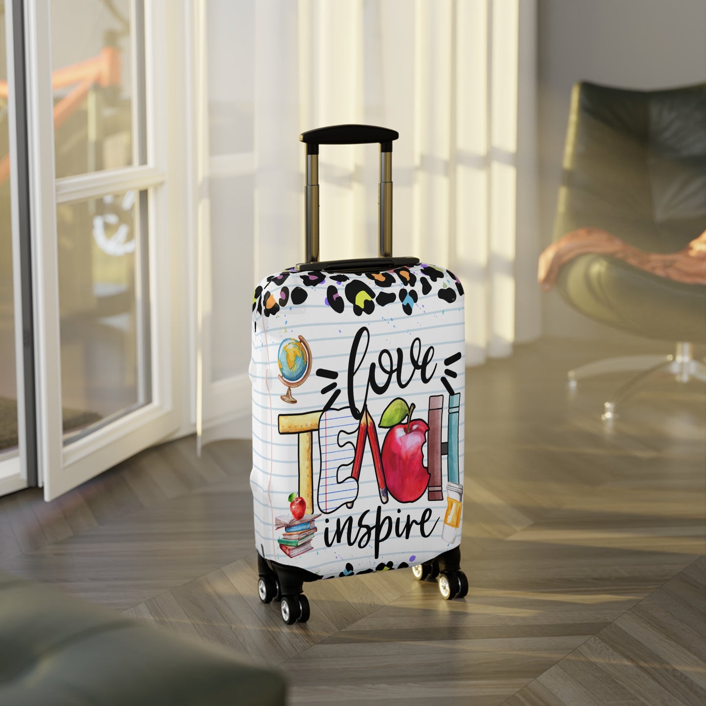 Luggage Cover, Teacher, Leopard Print, Teach, Love, Inspire, awd-1698