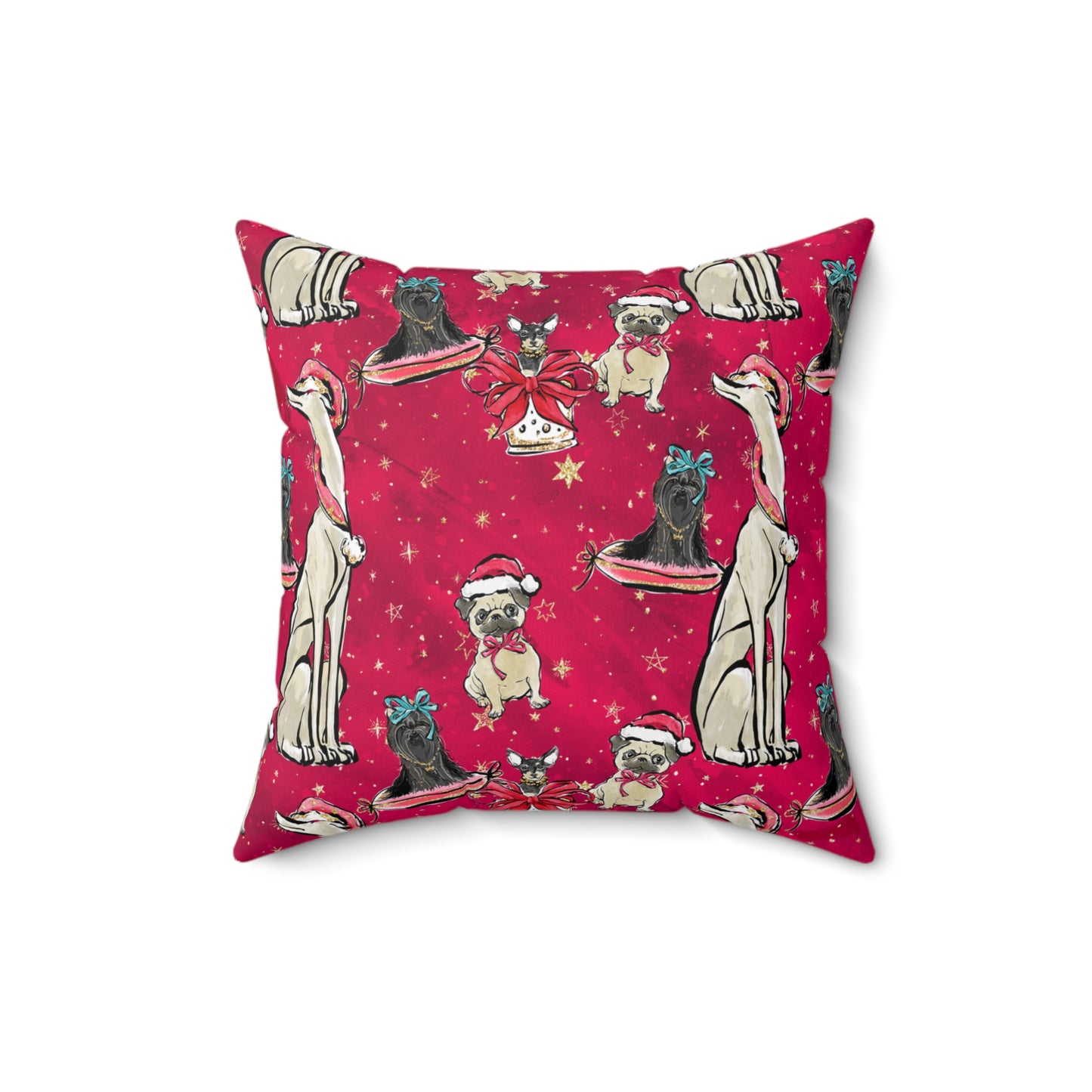 Spun Polyester Square Pillow, Red Doggie Blended Dog Family Christmas Cushion