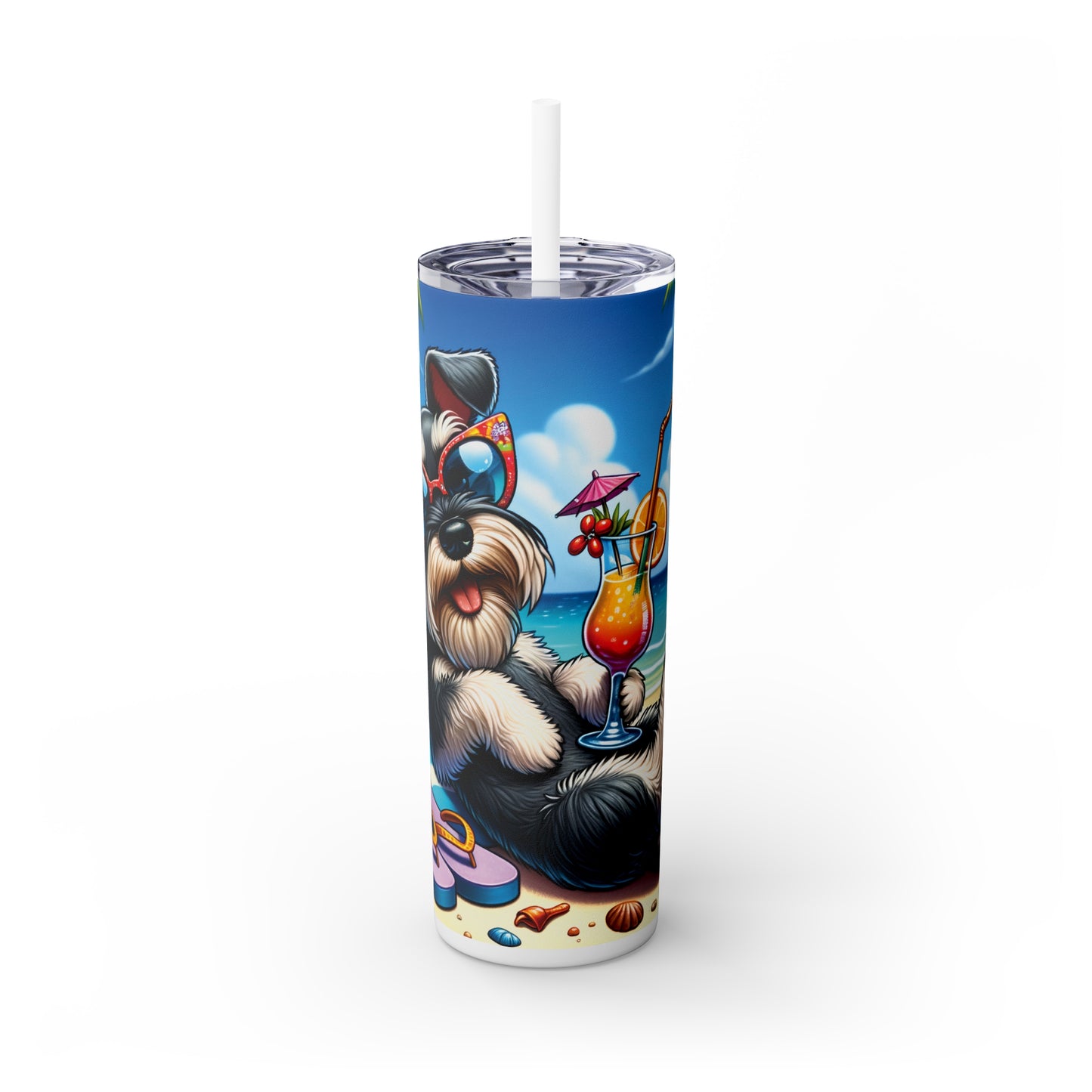 Skinny Tumbler with Straw, 20oz, Dog on Beach, Miniature Schnauzer, awd-1226