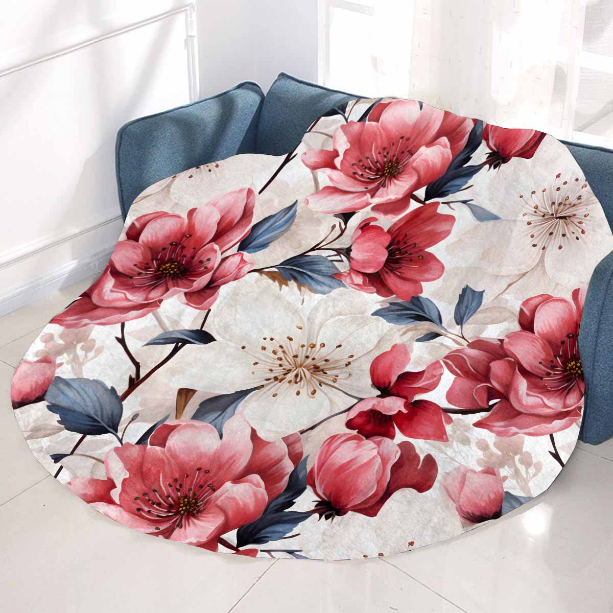 Pink Floral  Circular Micro Fleece Blanket 47"