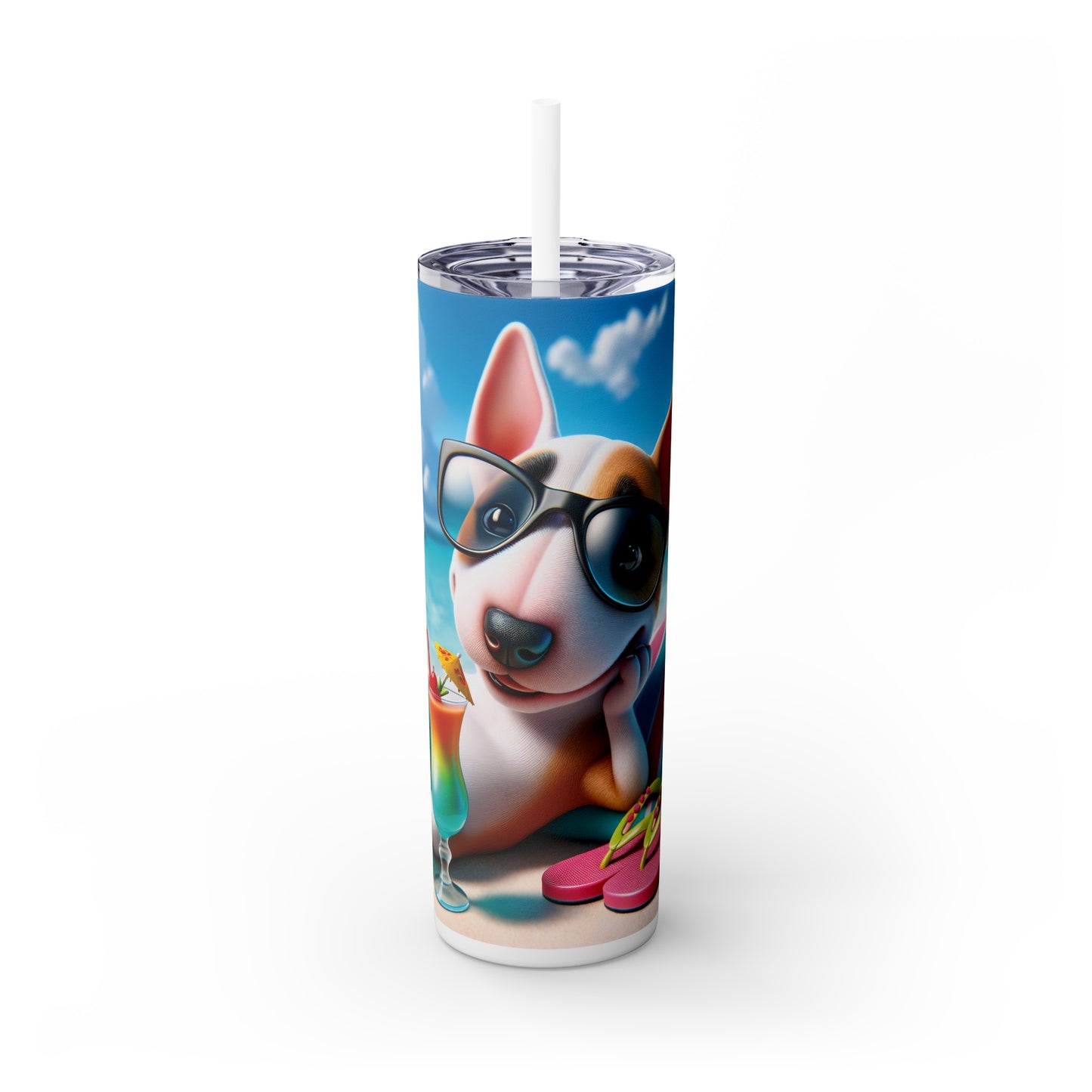 Skinny Tumbler with Straw, 20oz, Dog on Beach, Miniature Bull Terrier, awd-1224