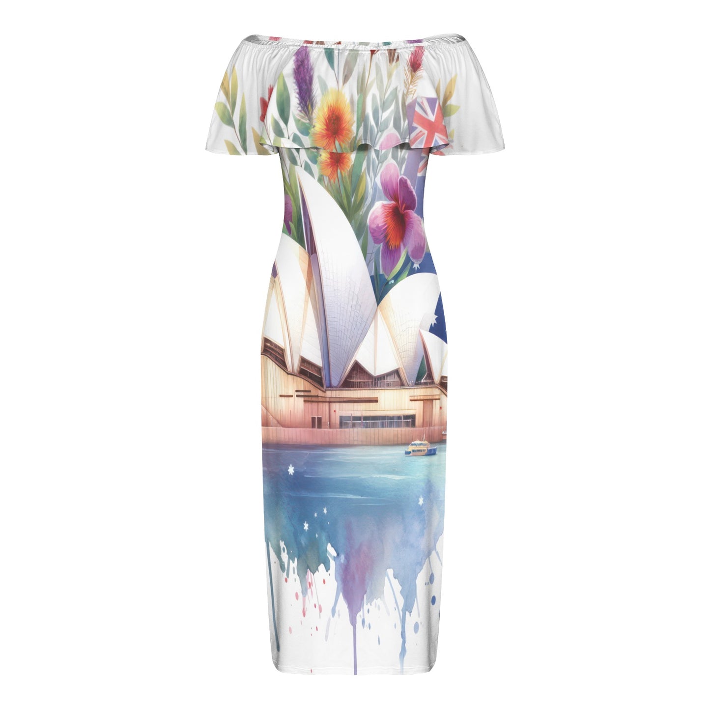 Sydney Harbour Bridge Australia awd1313 Women's Off Shoulder Ruffle Boat Neck Dress (Model D71)