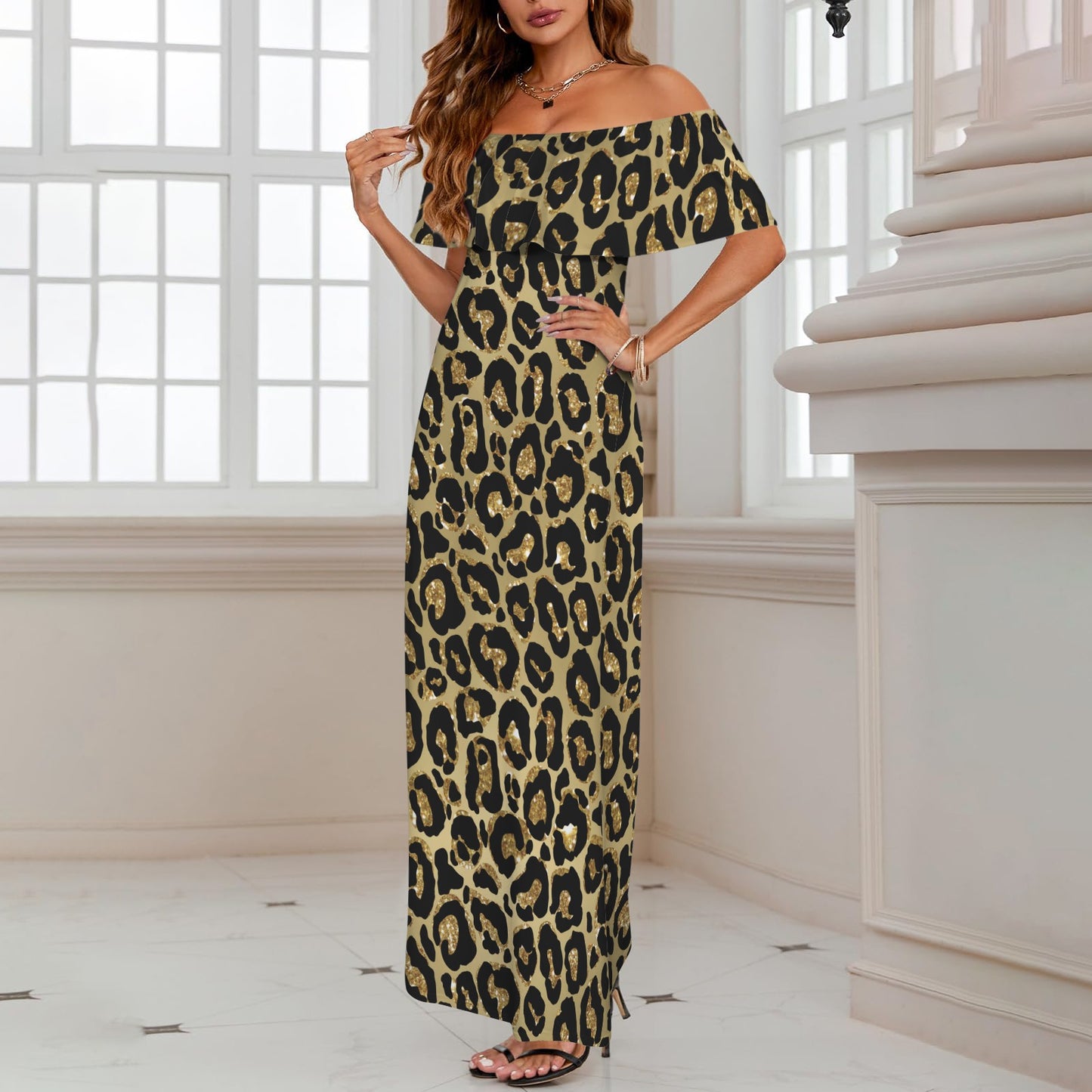 Animal print 4 Women's Off Shoulder Ruffle Boat Neck Dress (Model D71)