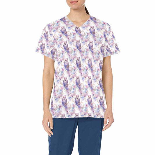 Pastel Owls  Women's V Neck Scrub Top Nurse Uniform with Deep Front Pockets