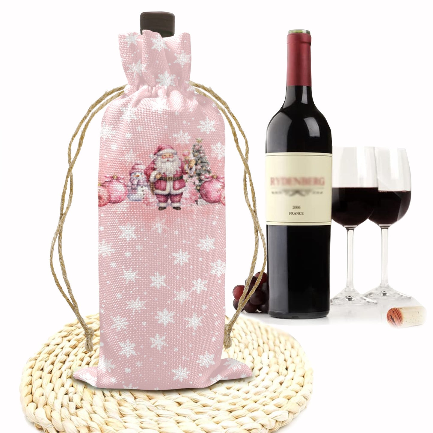 Merry Christmas Pink Christmas Linen Wine Bottle Bag