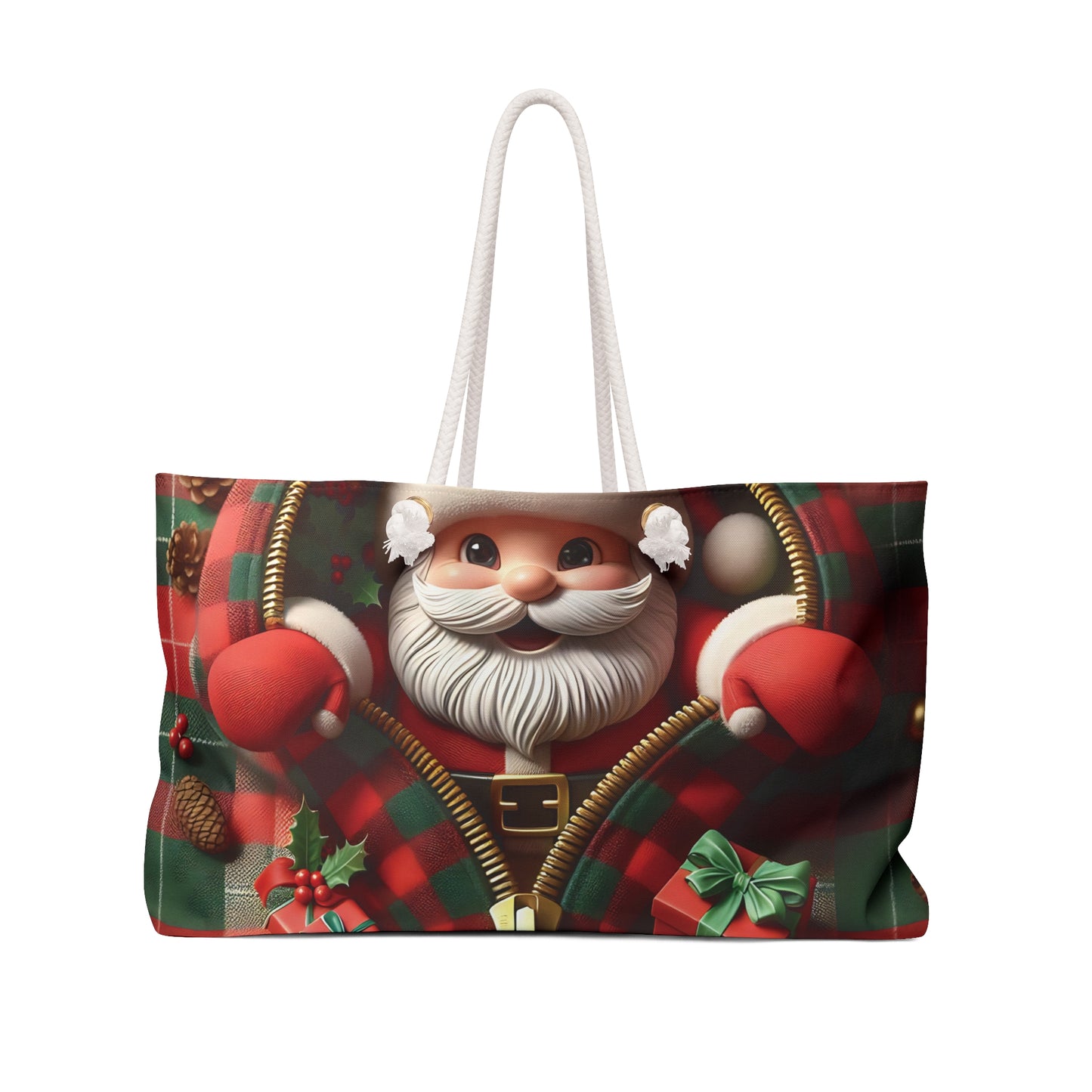 Personalised/Non-Personalised Weekender Bag, Cute Santa, Christmas, Tartan, Large Weekender Bag, Beach Bag, Book Bag