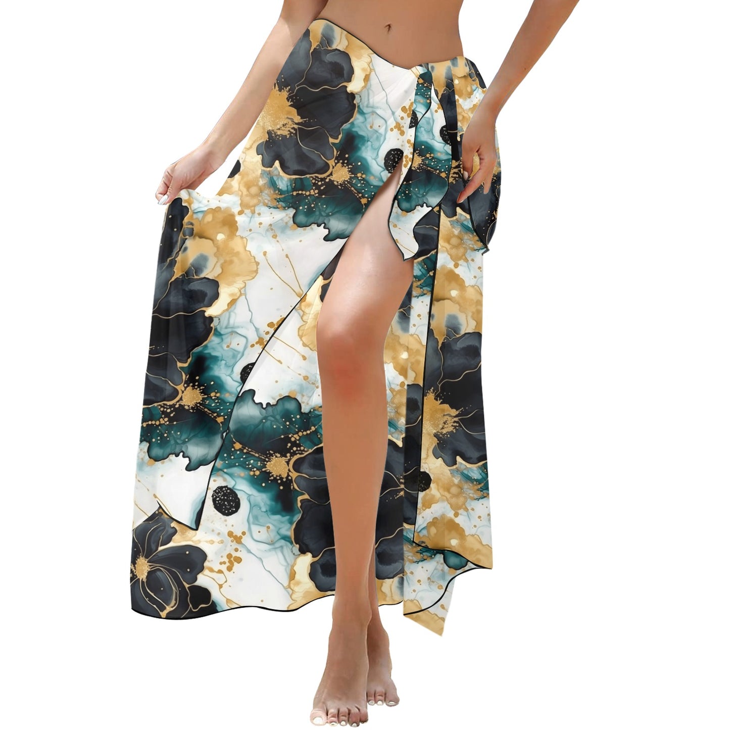 Black Gold & Green Ink Floral Long Beach Sarong Wrap