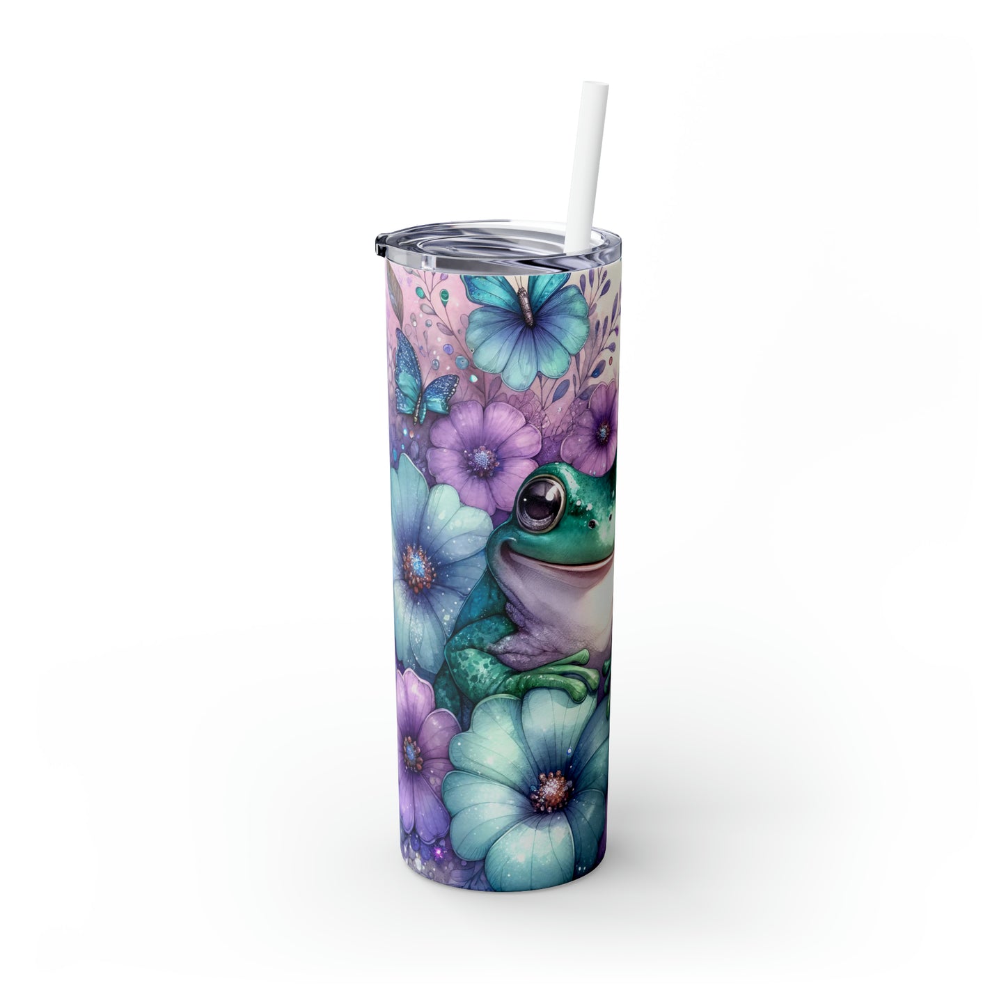 Skinny Tumbler with Straw, 20oz, Floral & Frog, awd-413