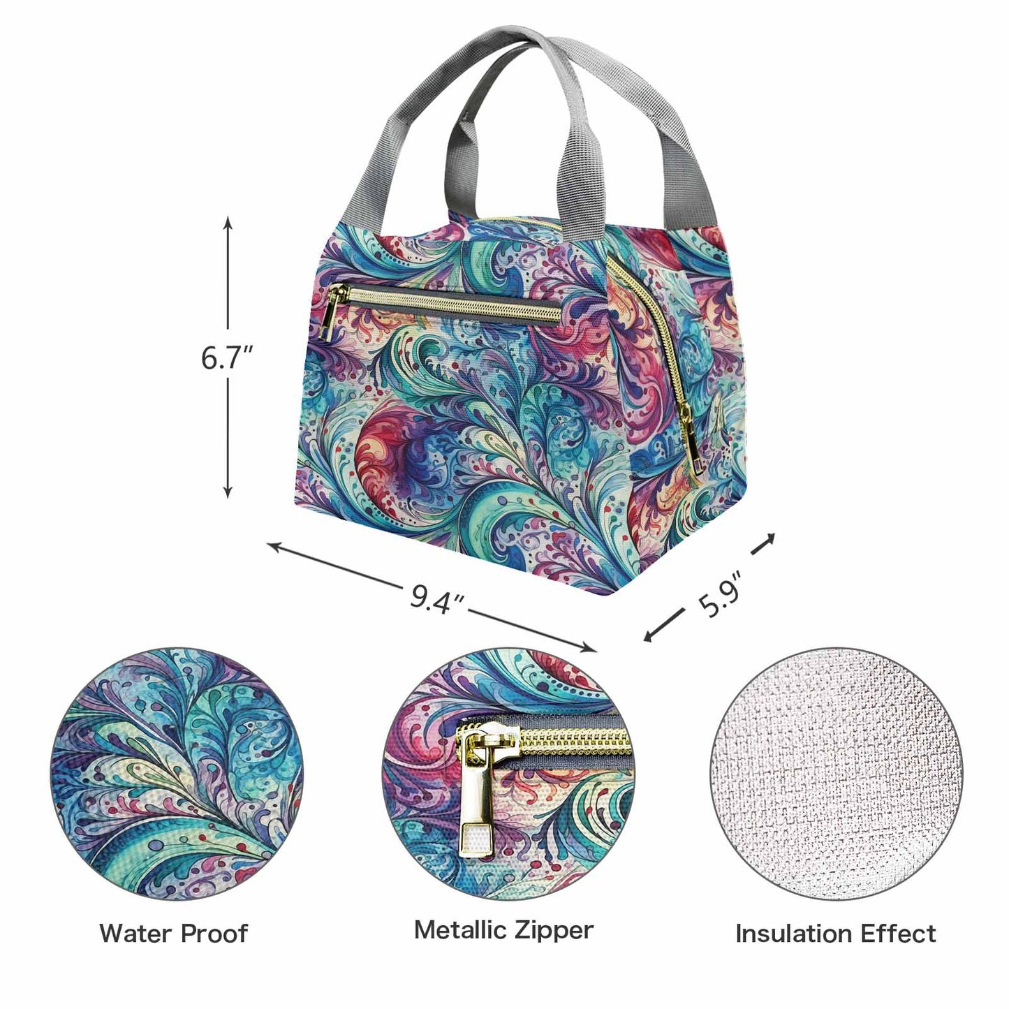 Rainbow Paisley  Portable Lunch Bag-Grey Handle