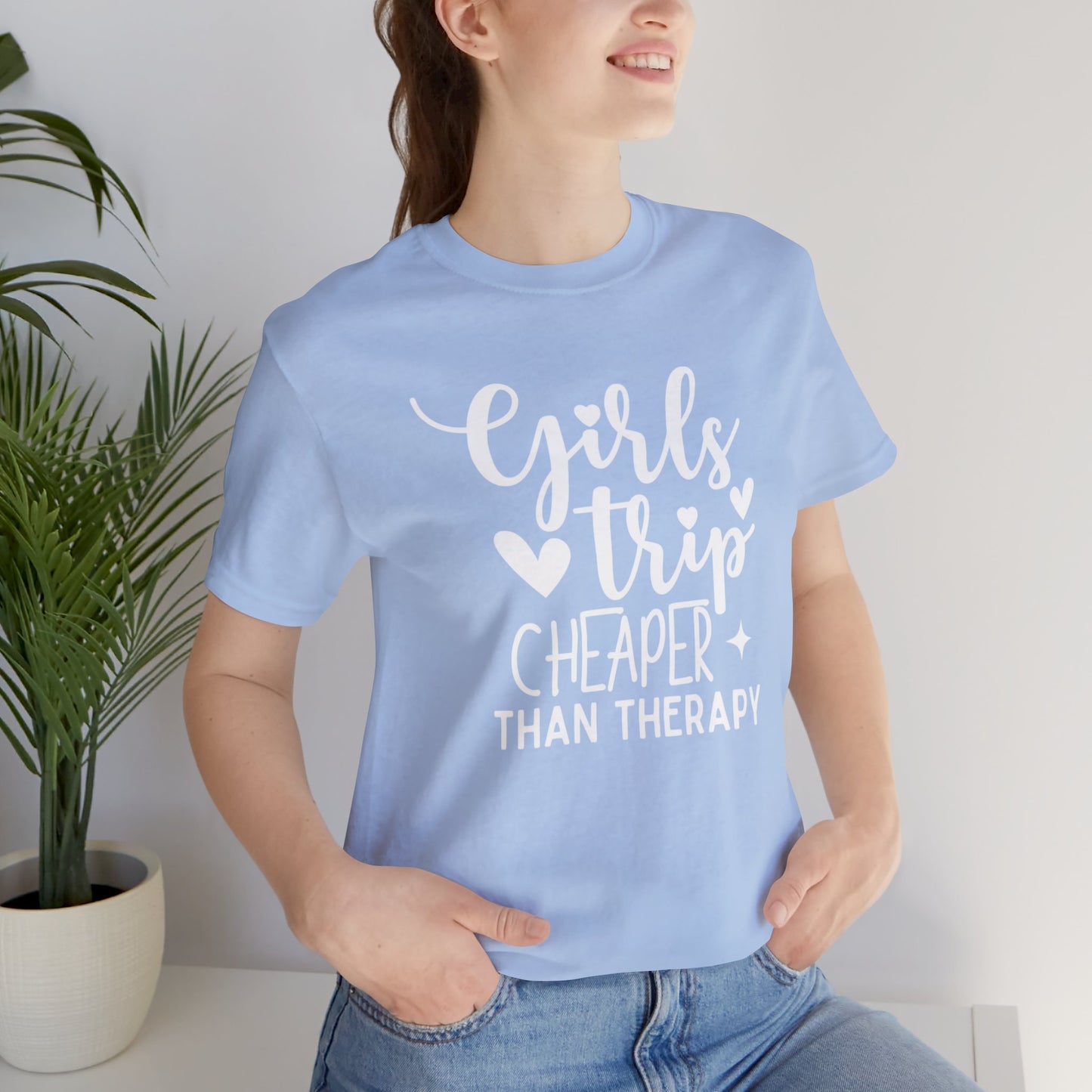 Unisex Jersey Short Sleeve Tee, Girl's Trip Cheaper than Therapy, 100% Cotton, Light Fabric 142 g/m²