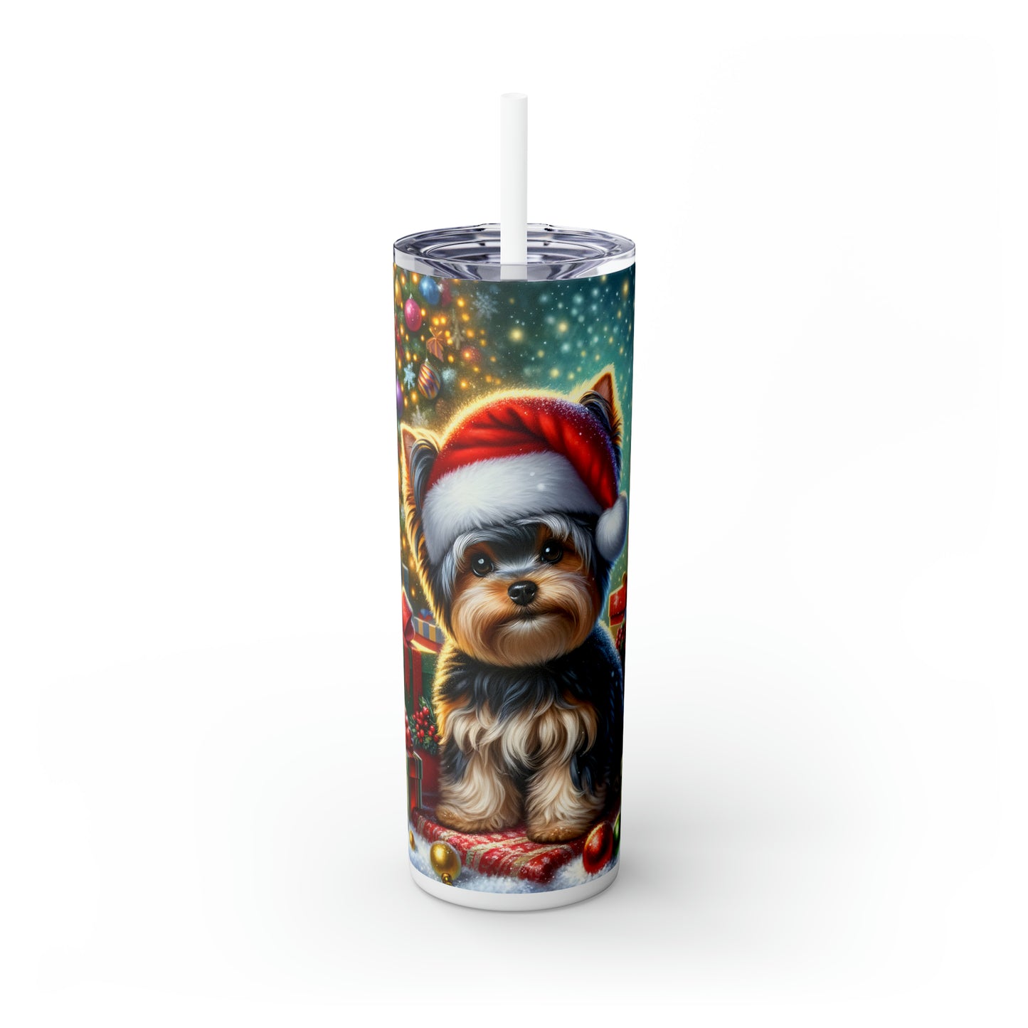 Skinny Tumbler with Straw, 20oz, Christmas Yorkshire Terrier