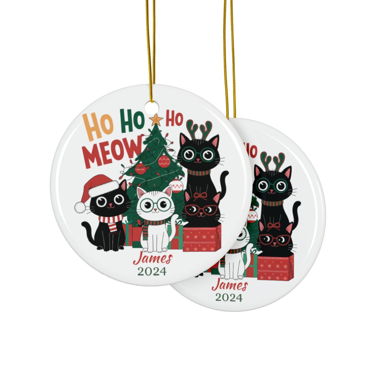 Christmas Cat Ornament, Personalized Ceramic Decoration, Cute Holiday Gift, Family Tree Ornament, Custom Cat Keepsake