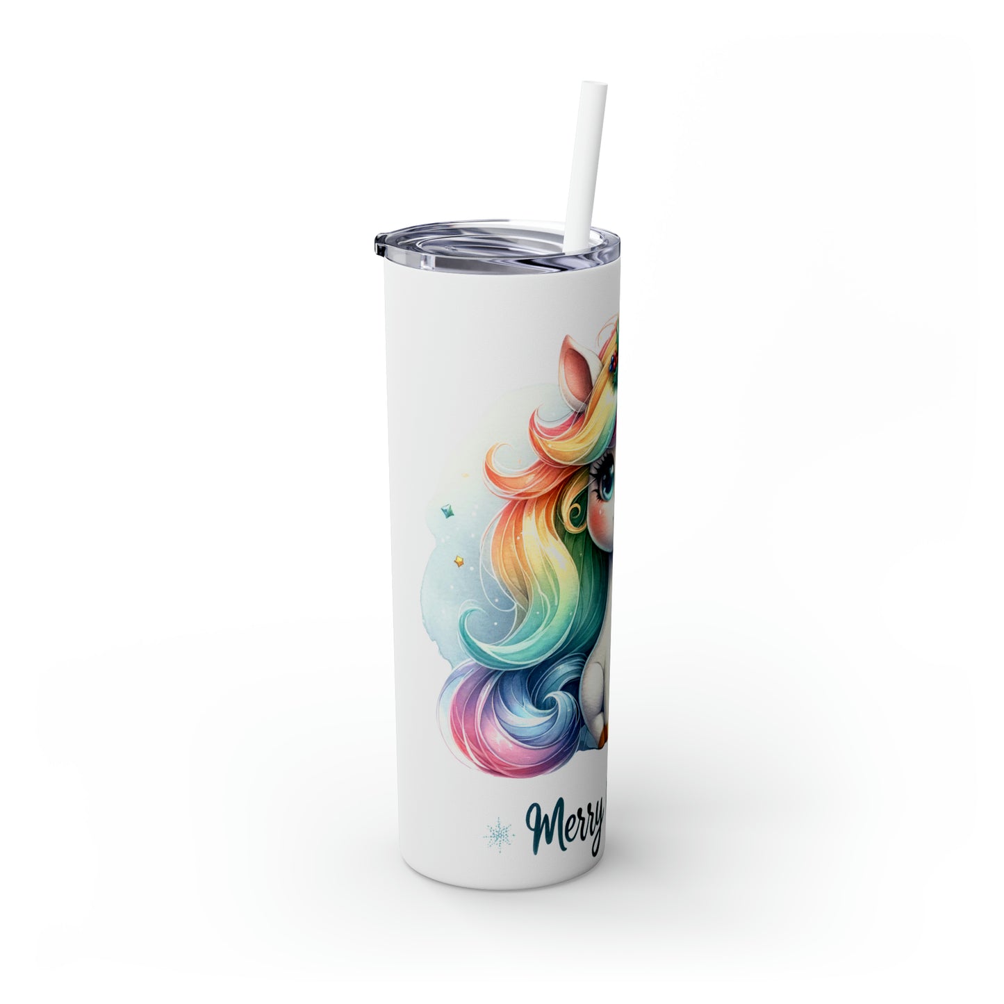 Skinny Tumbler with Straw, 20oz, Unicorn, Merry Christmas