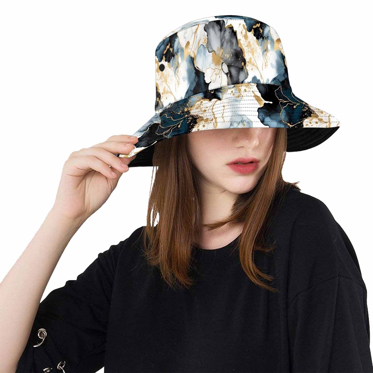 Black Ink Floral  Unisex Summer Single-Layer Bucket Hat