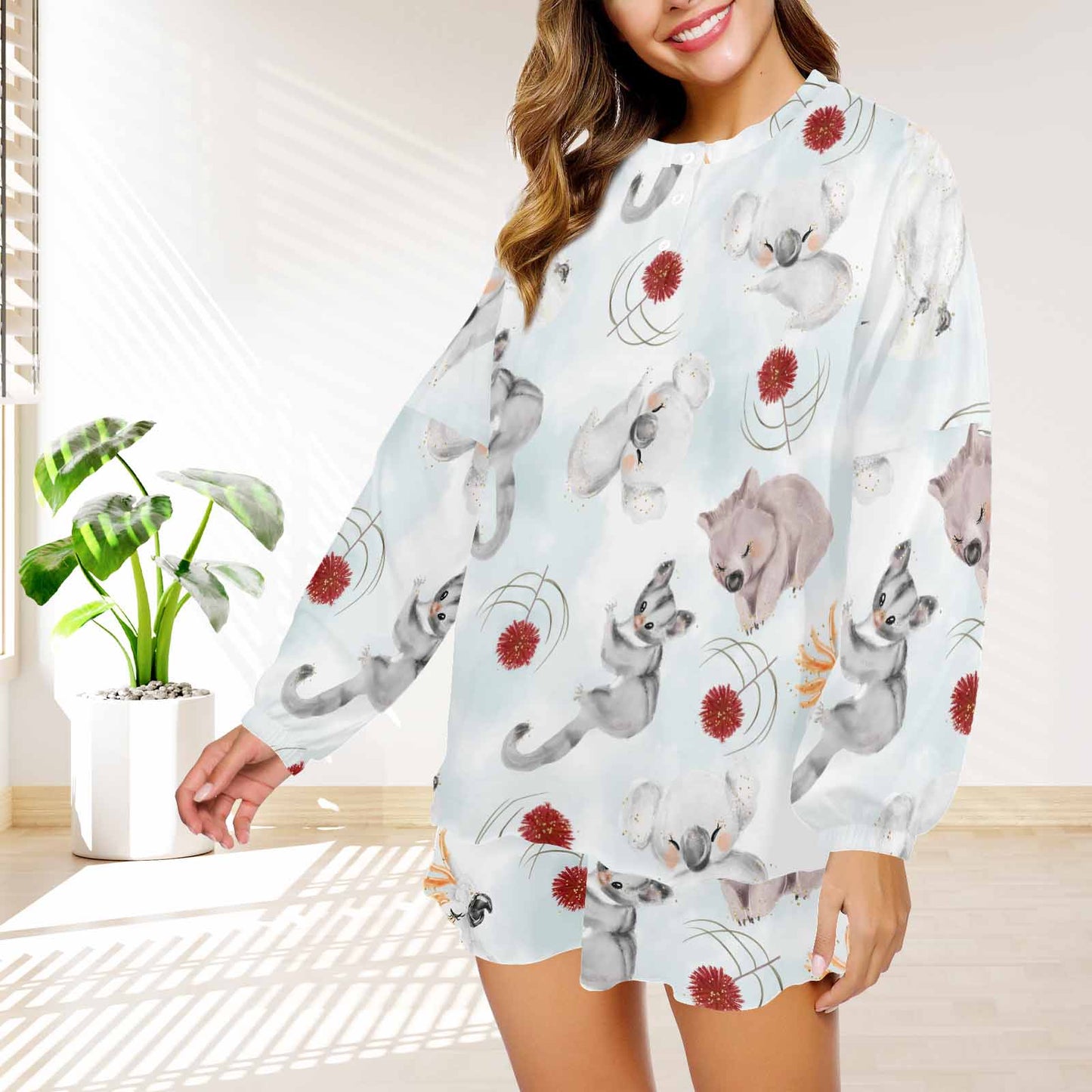 Australian Animals Koala, Sugar Glider, Wombat Women's Long Sleeve Pajama Set with Shorts