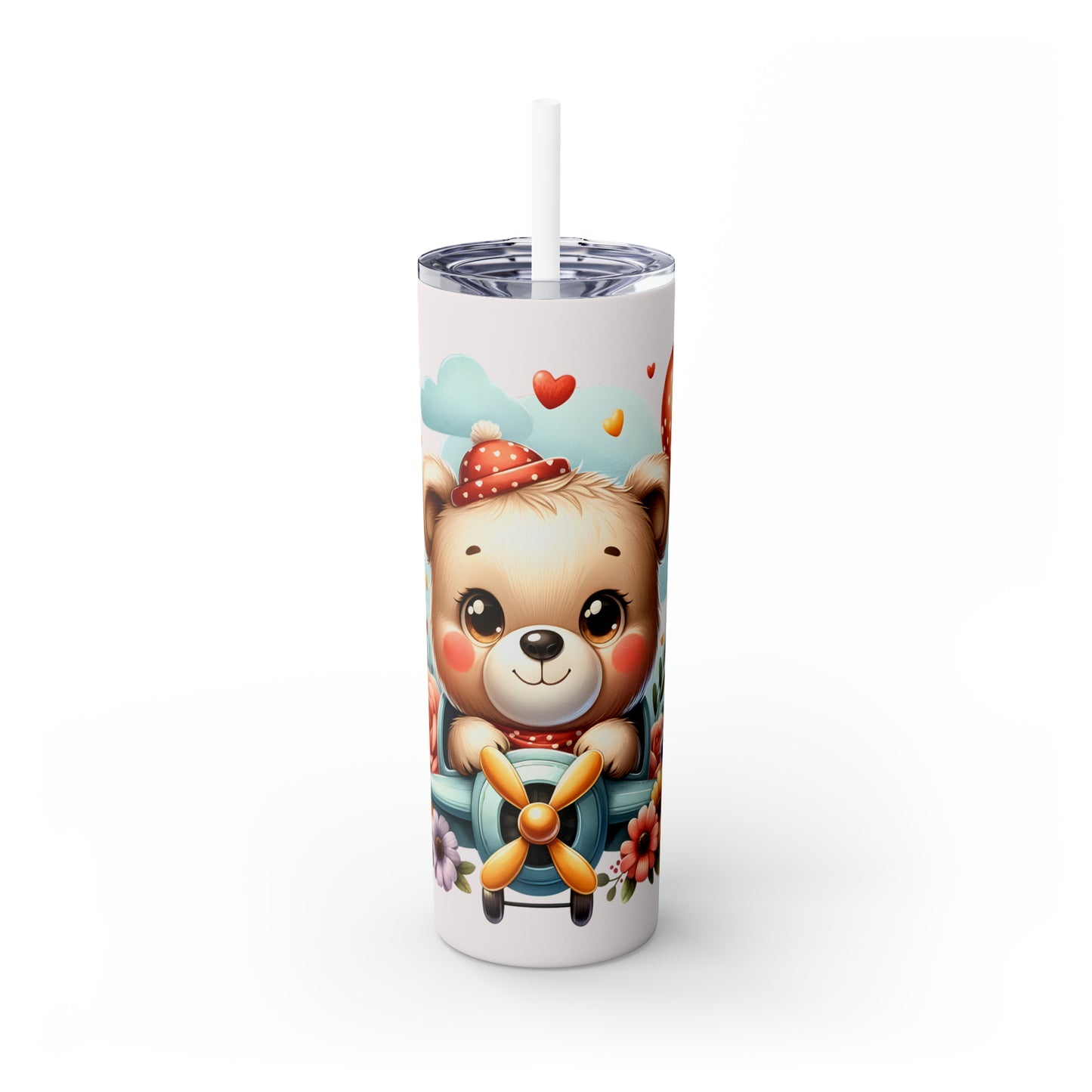 Skinny Tumbler with Straw, 20oz Bear flying Plane