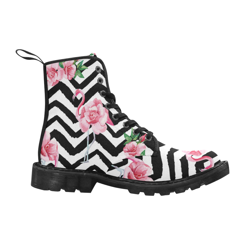 Martin Boots for Women beautiful tropic pink flamingo and rose flowers (Black)