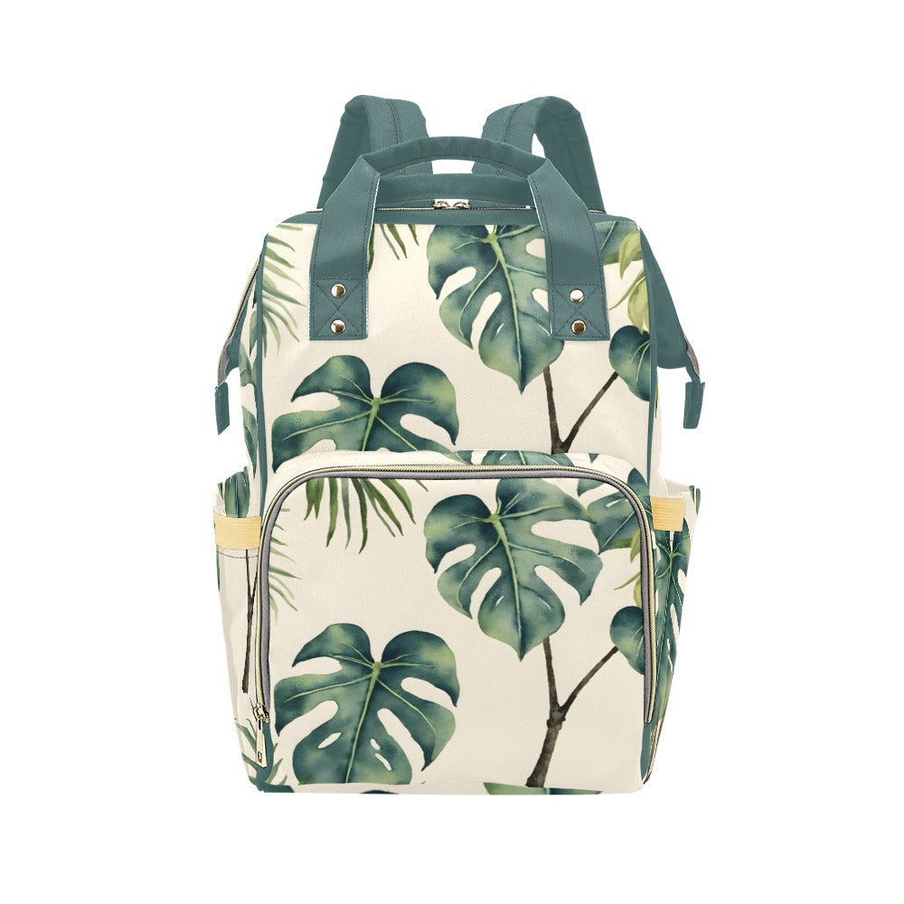 Monsteria leaves pattern cream bg Multi-Function Diaper Backpack/Diaper Bag (Model 1688)