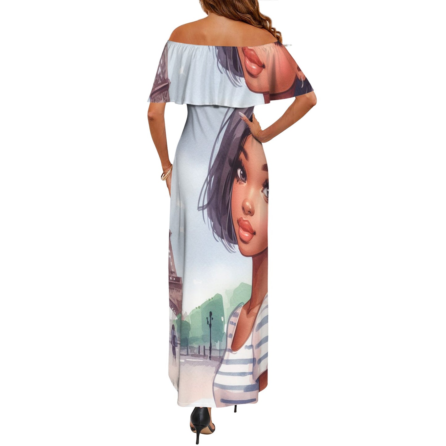 Girl 2 Women's Off Shoulder Ruffle Boat Neck Dress (Model D71)