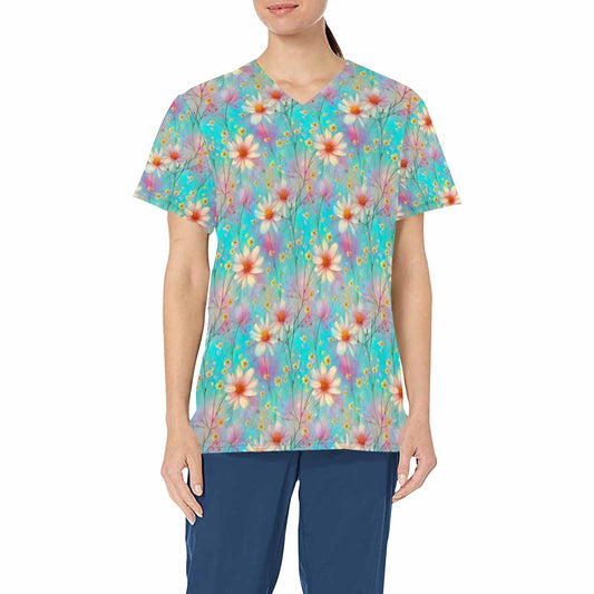 Pastel Wildflowers  Women's V Neck Scrub Top Nurse Uniform with Deep Front Pockets