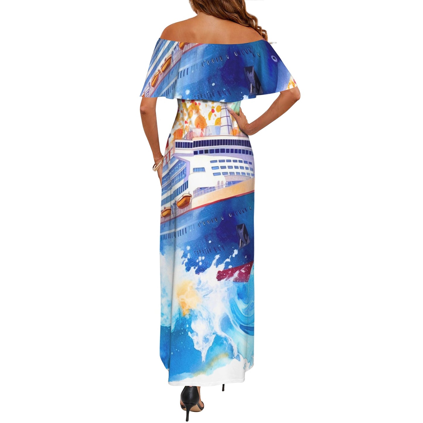 Just Cruisin 3 Women's Off Shoulder Ruffle Boat Neck Dress (Model D71)
