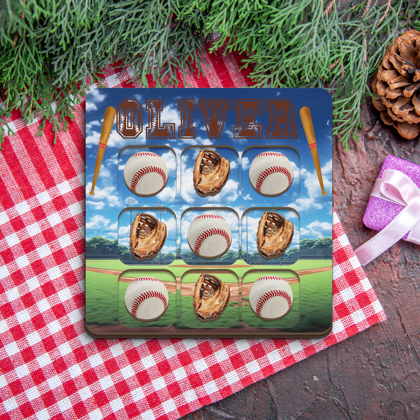 Personalised Wooden Tic Tac Toe Board – Personalised Baseball Theme, Playful & Stylish Décor