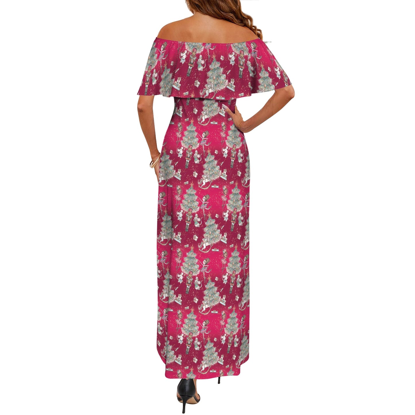 Red christmas Women's Off Shoulder Ruffle Boat Neck Dress (Model D71)