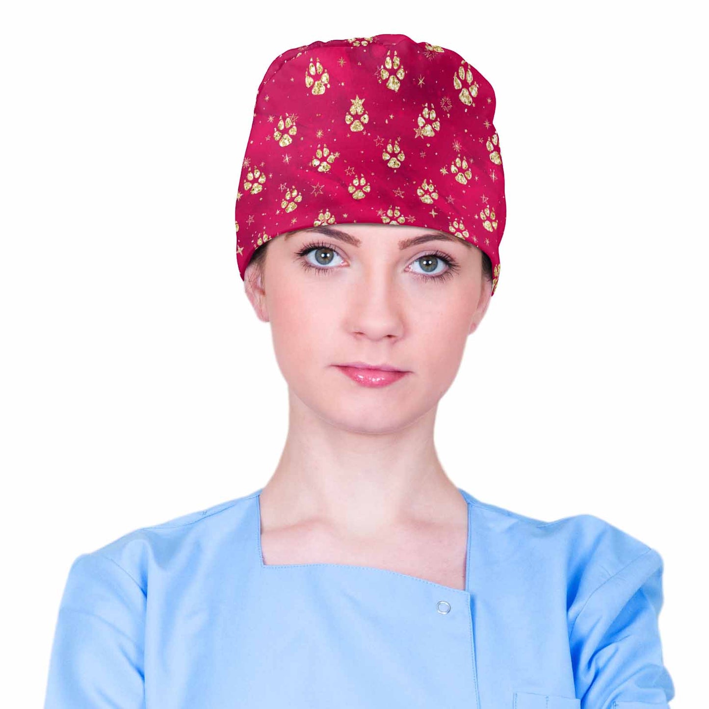 Nurse Scrub Cap Doggie Paw Prints Red  Scrub Cap