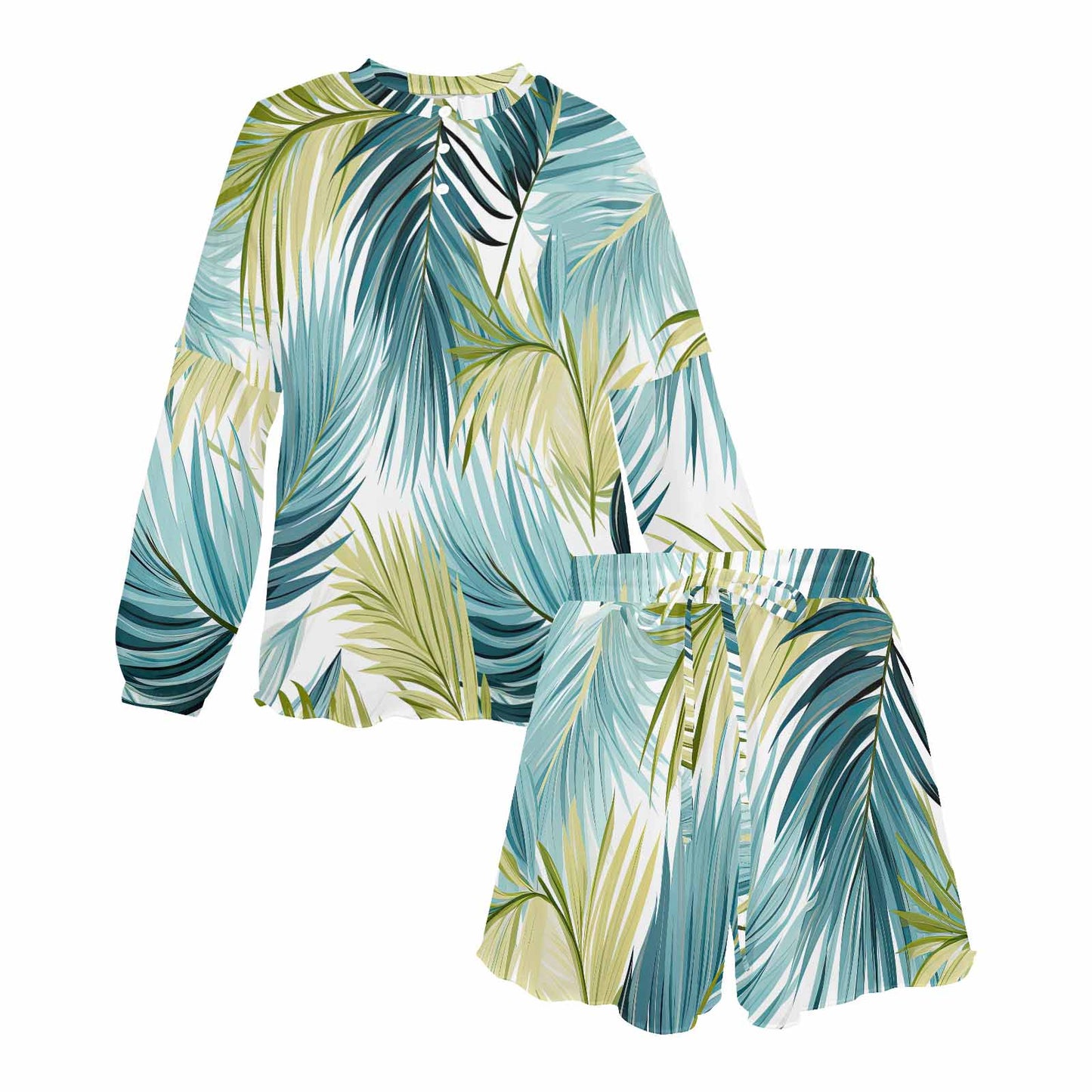 Palm Leaves Blue Green Women's Long Sleeve Pajama Set with Shorts