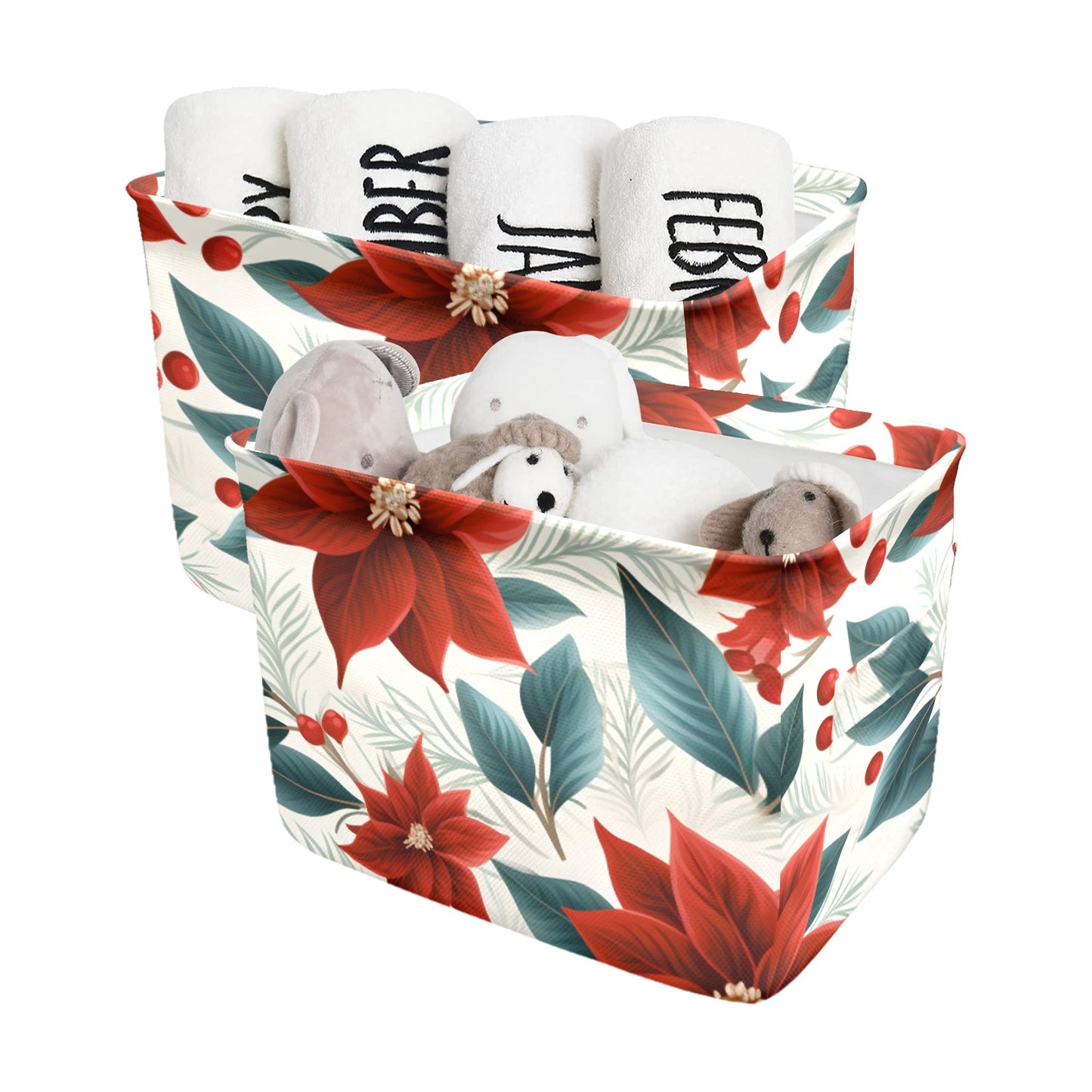 Christmas Red Poinsettia Fabric Storage Basket