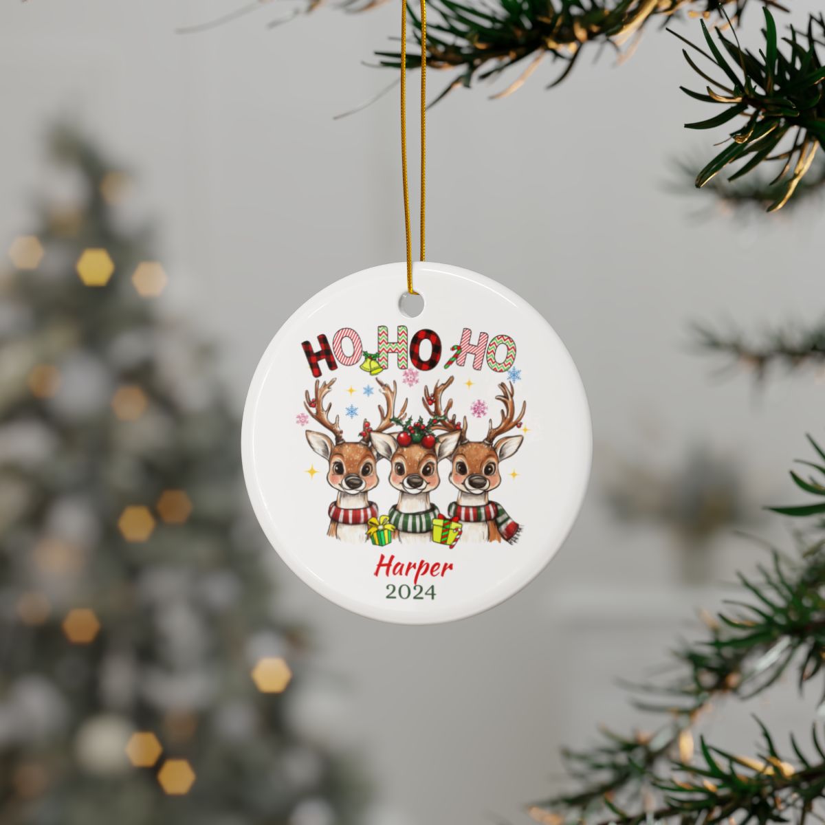 Personalized Christmas Ornament, Reindeer Ceramic Ornament, Holiday Decor Gift, Custom Year Keepsake, Personalized Gift Idea