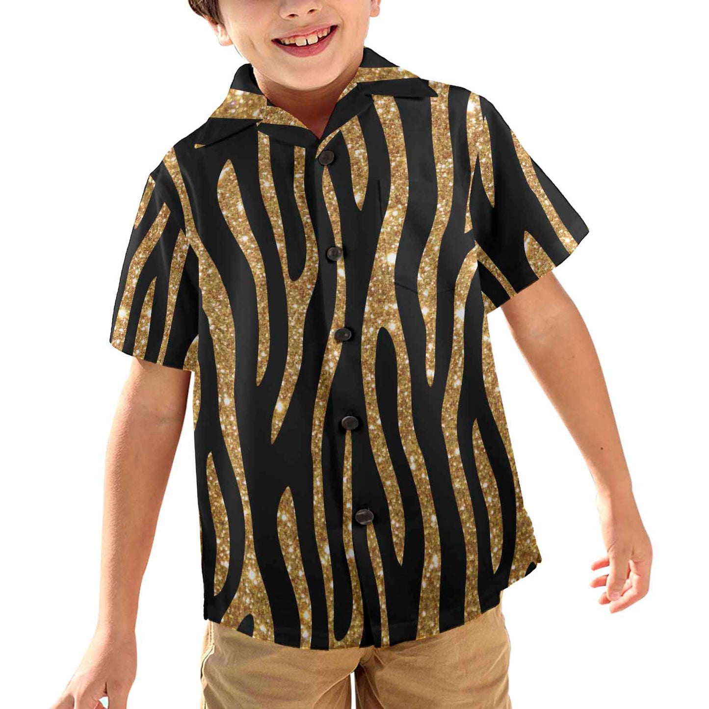 Black and Gold Glitter Leopard Print  Little Boys Hawaiian Shirt