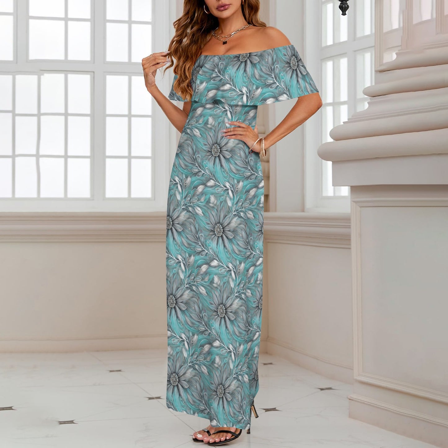 Green Elegant Floral Women's Off Shoulder Ruffle Boat Neck Dress (Model D71)