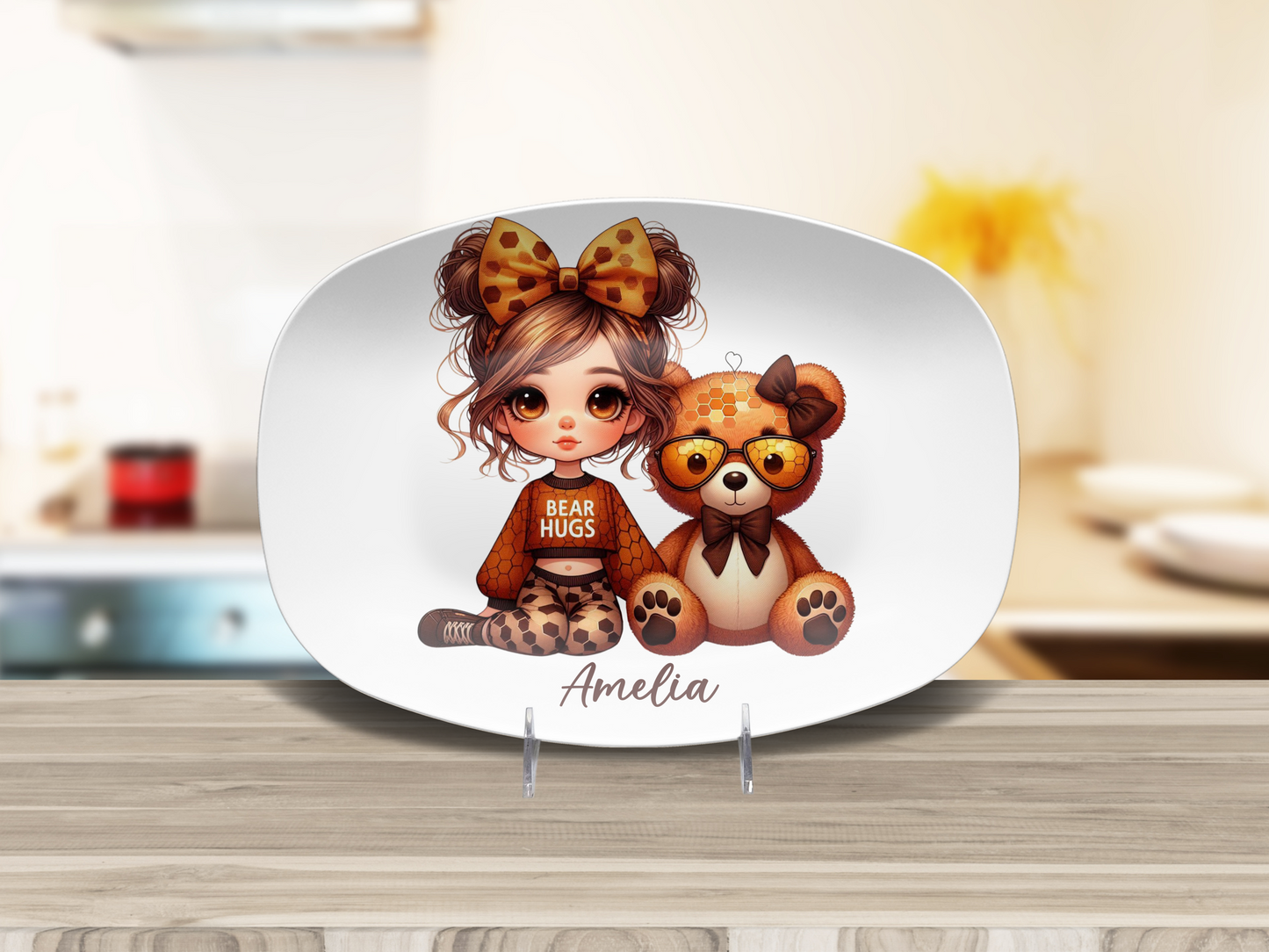 Personalised Girl with Bunny, Cow, Monkey, Penguin, Puppy, Racoon, Swan, Teddy Bear, Zebra Plates