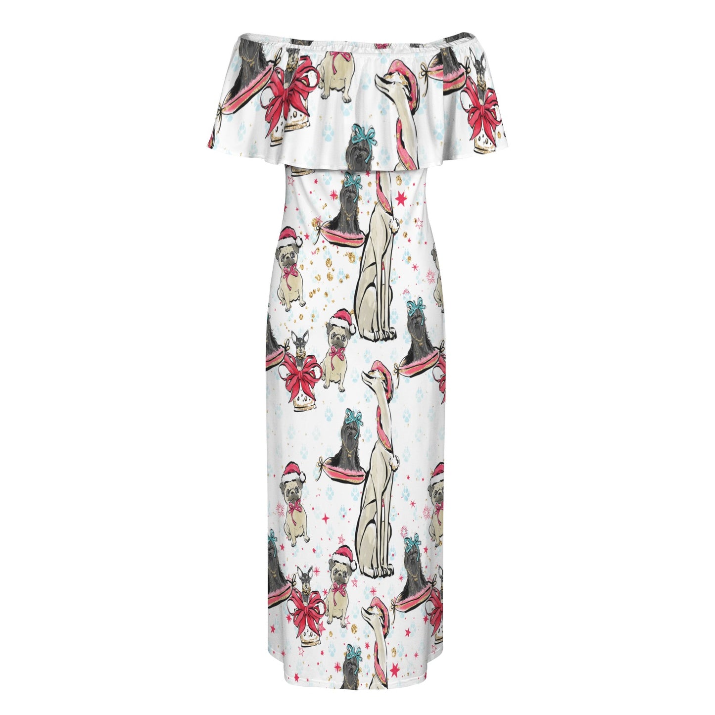 Dog Christmas Women's Off Shoulder Ruffle Boat Neck Dress (Model D71)