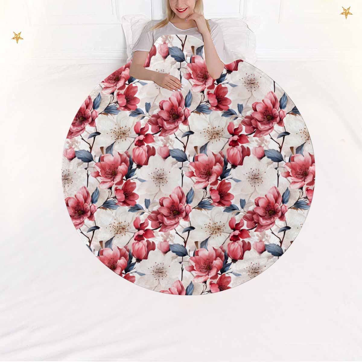 Pink Floral Small  Circular Micro Fleece Blanket 47"