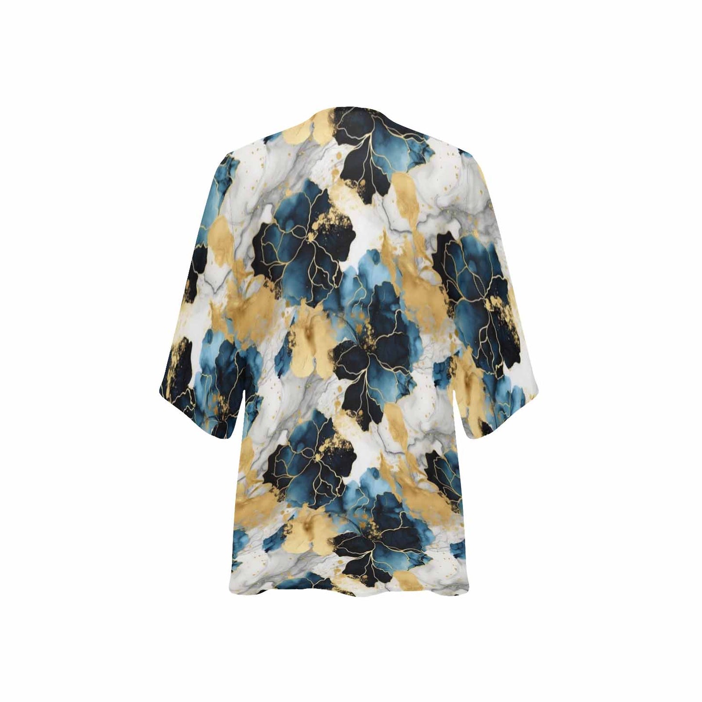 Blue Ink Floral Women's Kimono Chiffon Cover Up