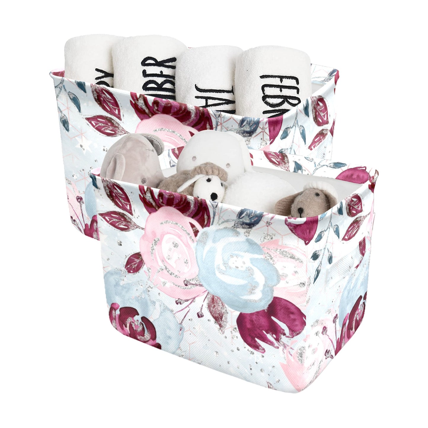 Roses Pink Blue Fabric Storage Basket