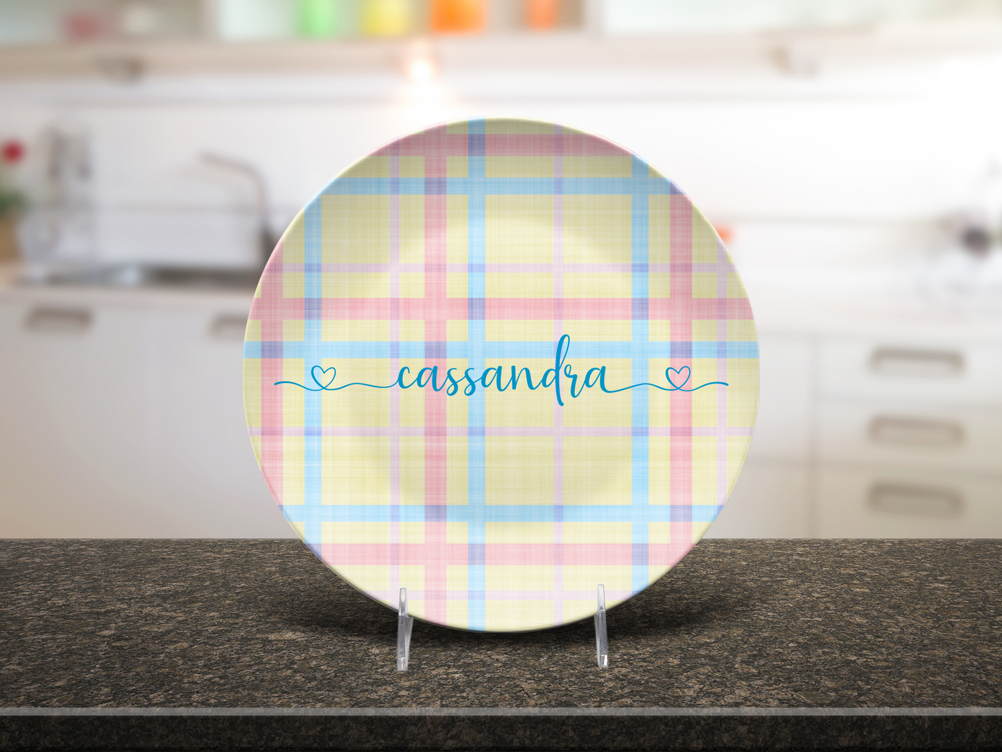 Pastel Plaid Lemon Pink and Blue Personalised Plate