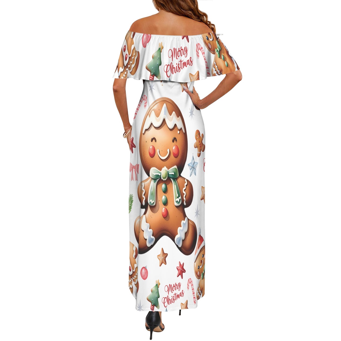 Gingerbread man awd316 Women's Off Shoulder Ruffle Boat Neck Dress (Model D71)