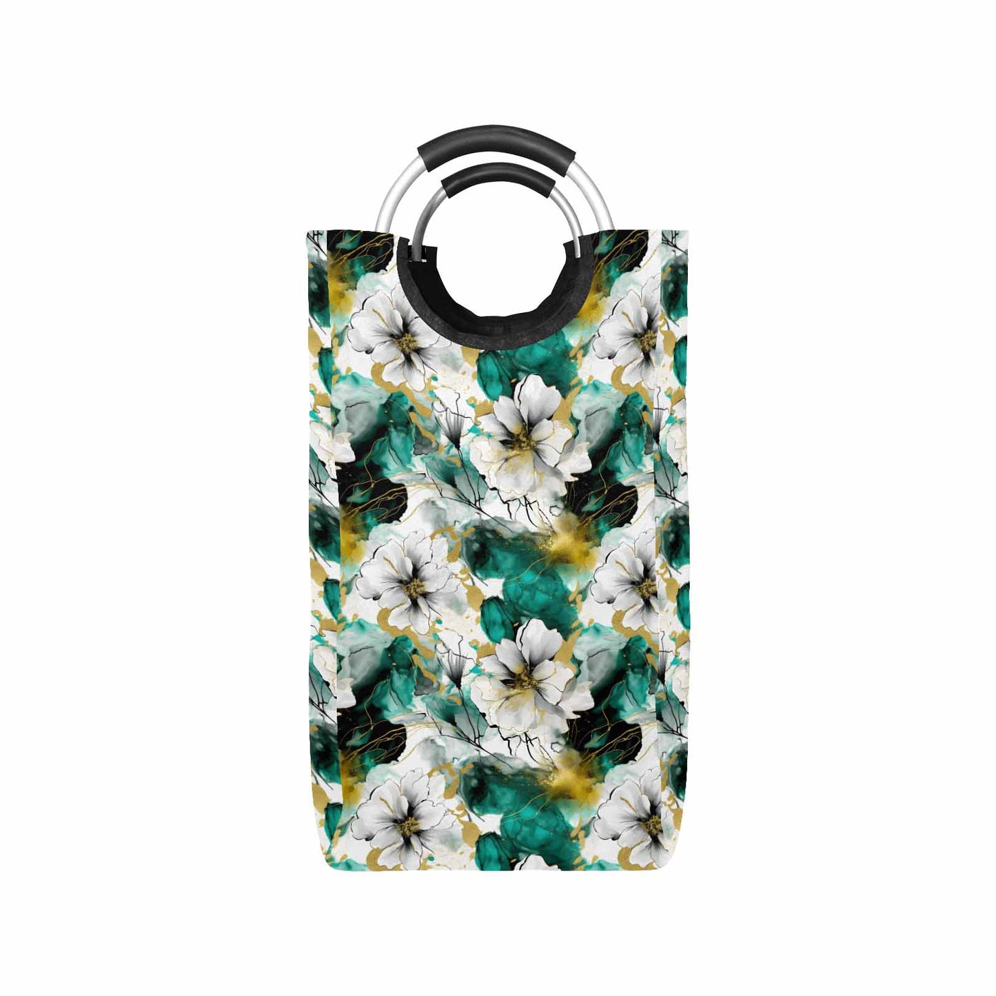 Green and White Ink Floral  Square Laundry Basket