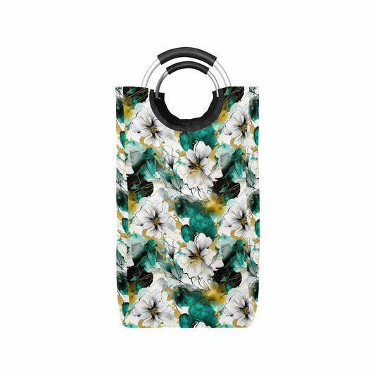 Green and White Ink Floral  Square Laundry Basket