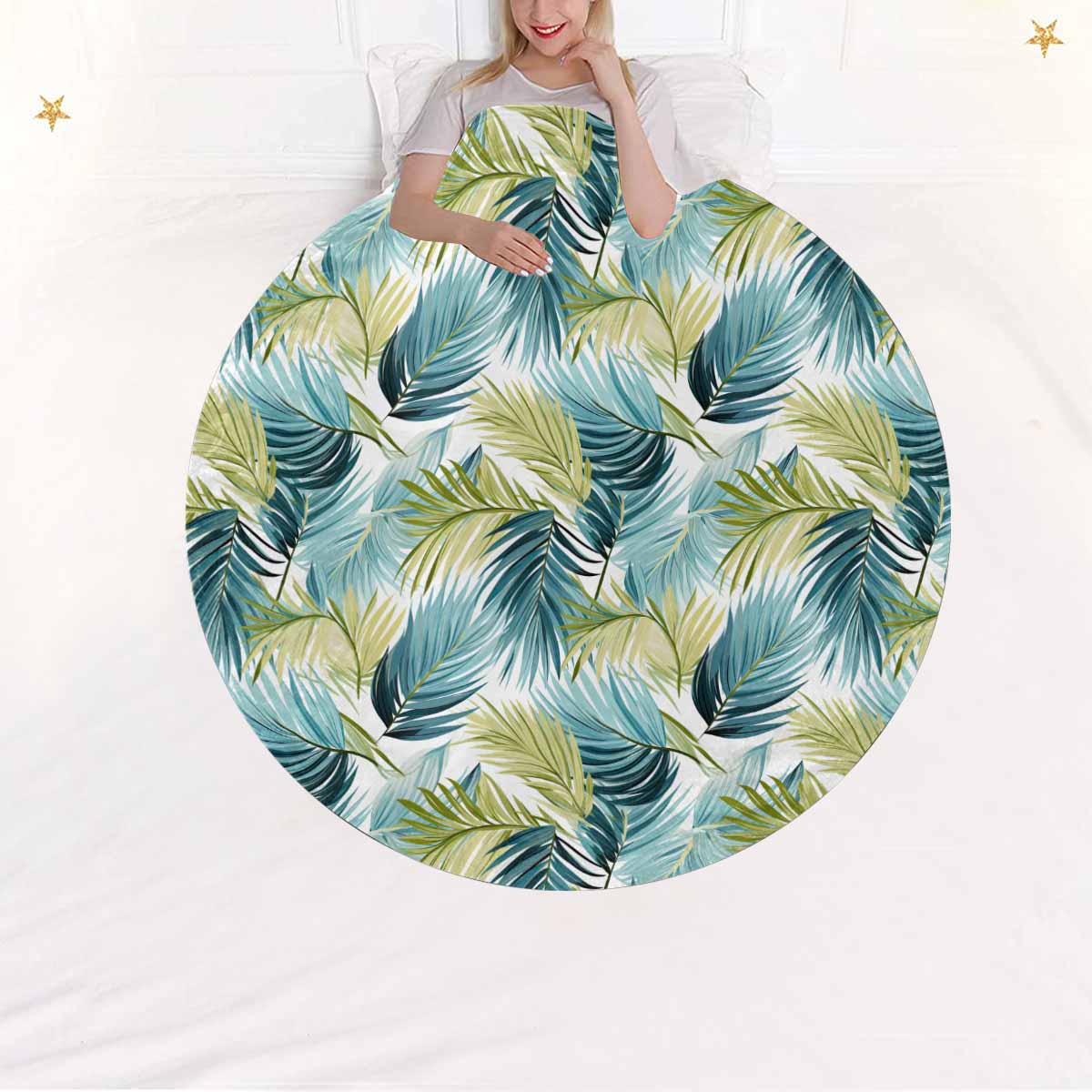 Palm Leaves Blue Green  Circular Micro Fleece Blanket 60"