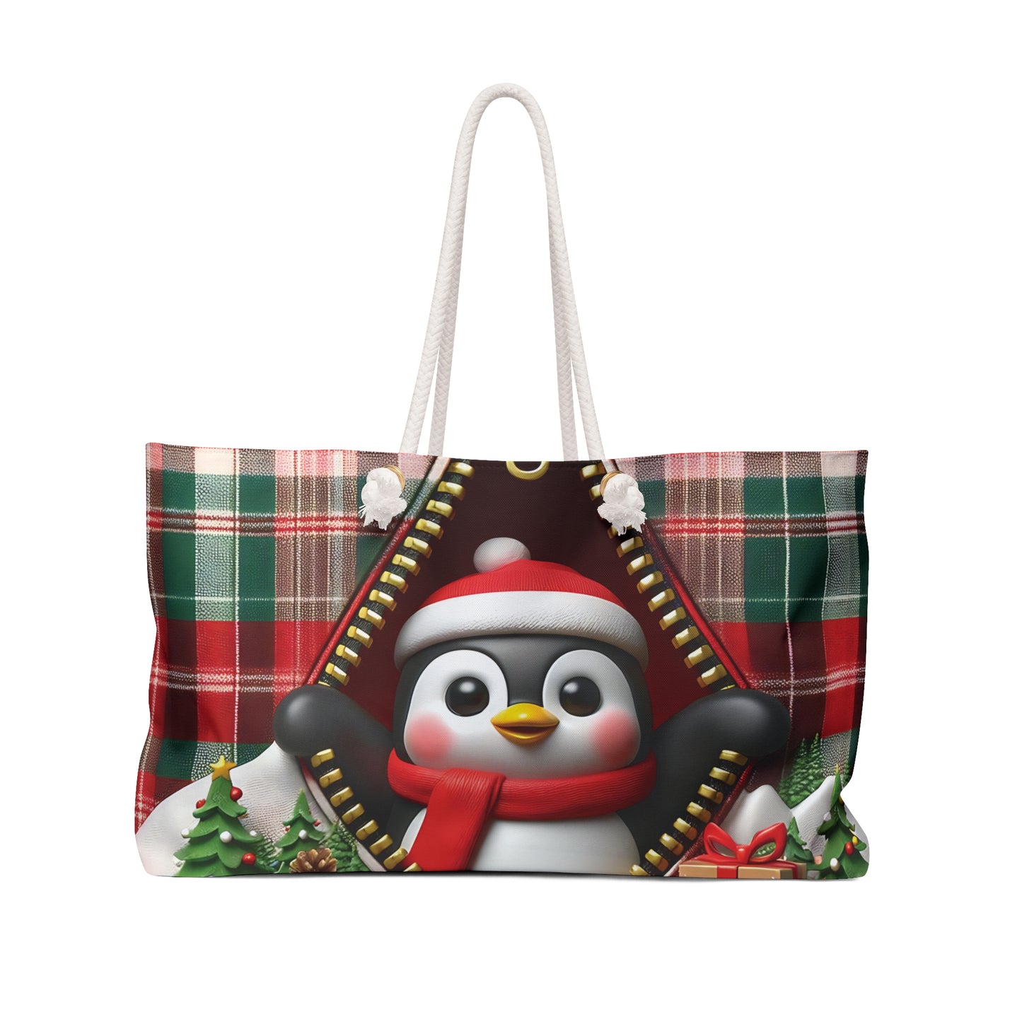 Personalised/Non-Personalised Weekender Bag, Cute Penguin, Christmas, Tartan, Large Weekender Bag, Beach Bag, Book Bag