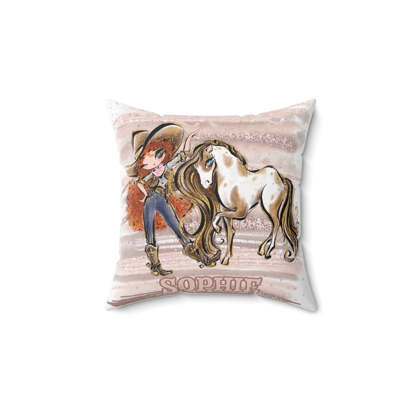 Personalised Cowgirl and Horse Cushion,  Red Curly Hair, Brown Eyes, Polyester Square Cushion, Christmas cushion